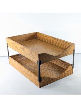Vintage double layer oak wooden letter tray, dovetailed IN OUT desk mail